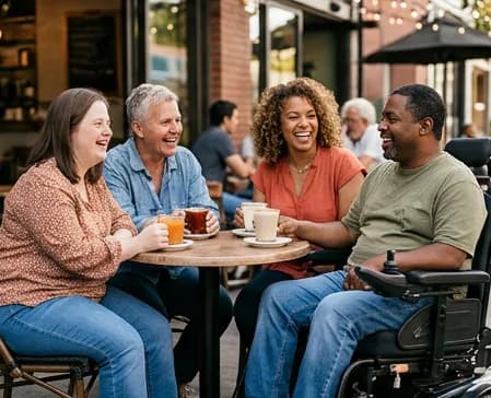 Four adults in conversation around a cafe table