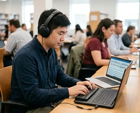 A man wearing headphones working at a laptop in a busy community library