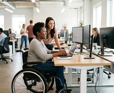 A woman using a wheelchair working at a laptop while a colleague helps at her desk