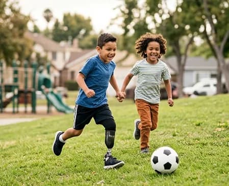Two children running after a soccer ball in a park, one wearing a prosthetic leg